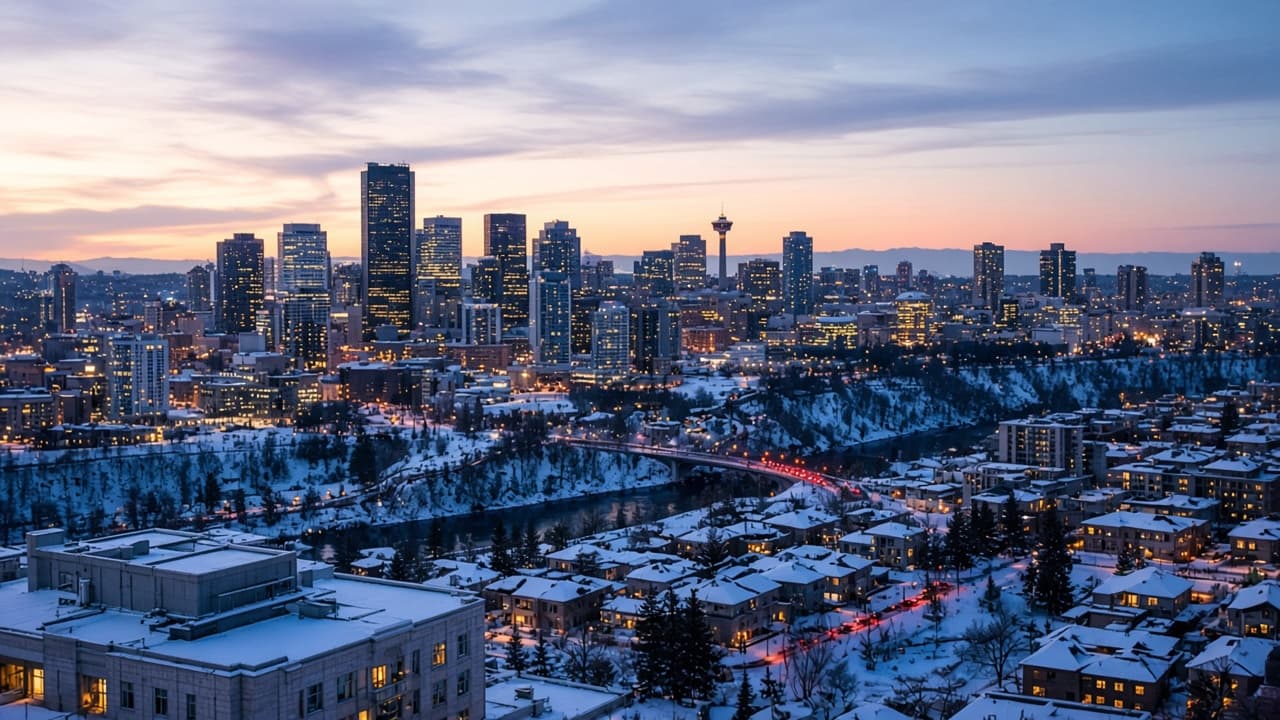 Paysage urbain canadien au crépuscule, lumières des immeubles sous un ciel d'hiver.