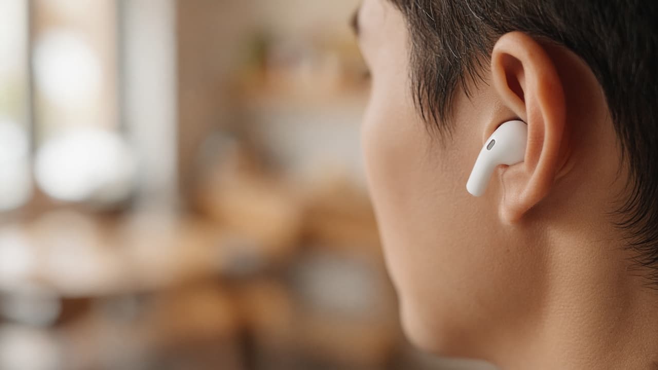Gros plan d'un écouteur sans fil et d'une personne en conversation, dans un café.