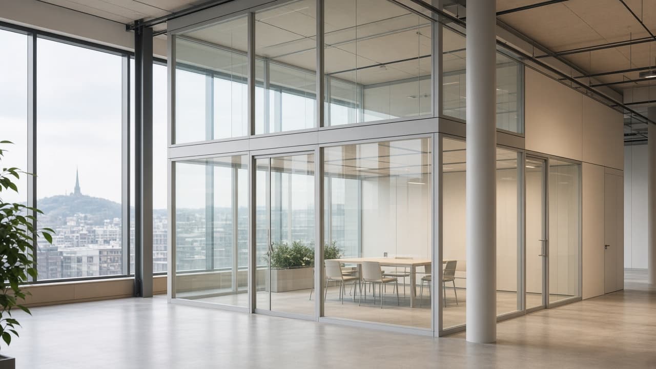 Salles de réunion vitrées modulaires et structures d'acier sous une lumière douce.