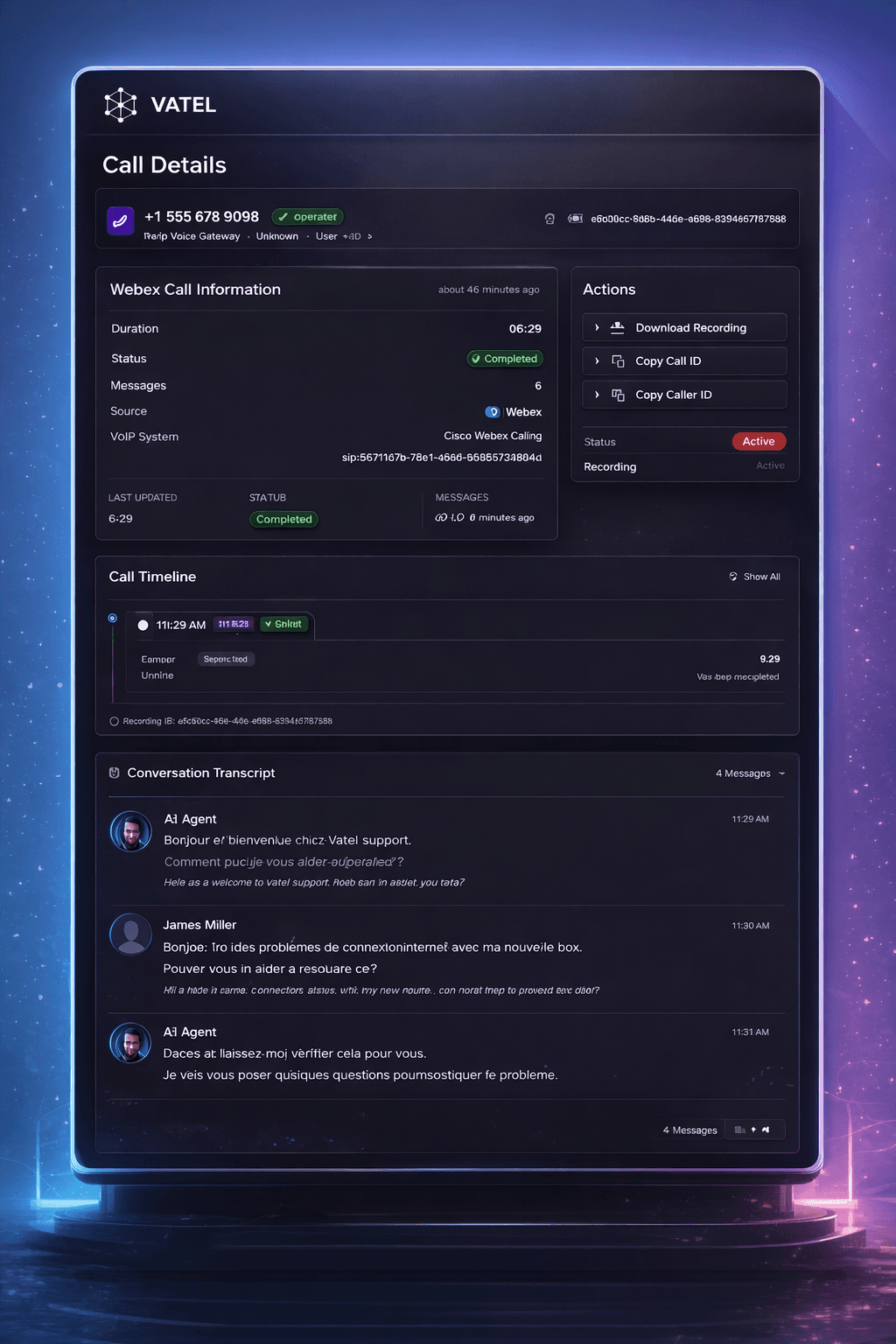 Dashboard showing live support conversations, resolution paths, and escalation flows handled by Vatel AI agents.