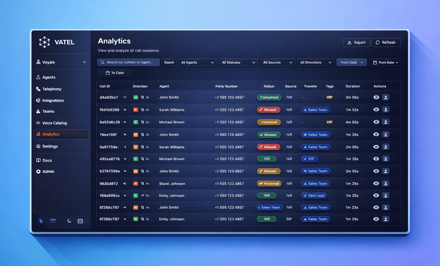 Unified inbox showing answered calls, messages, and scheduled appointments managed by the Vatel AI receptionist.