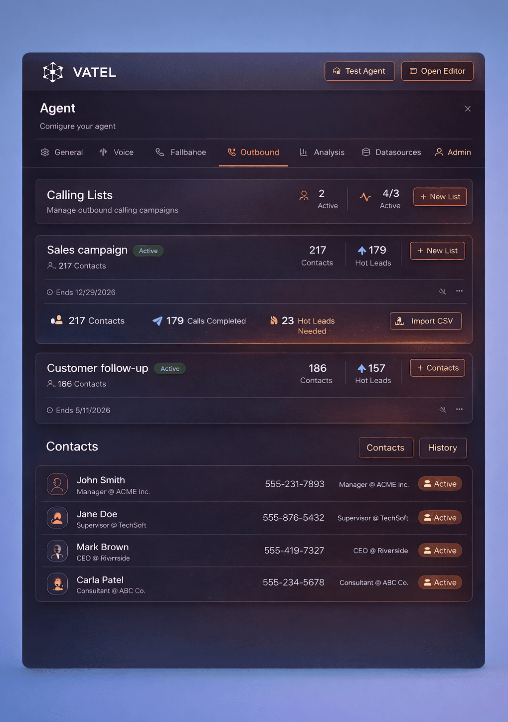 Outbound campaign dashboard showing call volume, connect rates, and live transfers to sales reps.