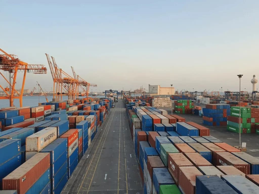 Conteneurs empilés le long d'une allée de port, avec des grues orange au bord de l'eau.