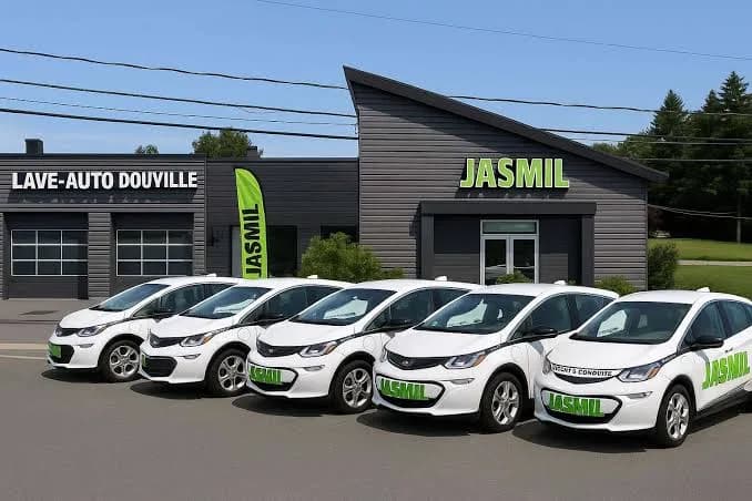 Devanture de l'école de conduite Jasmil, avec une rangée de voitures blanches aux couleurs de l'école.