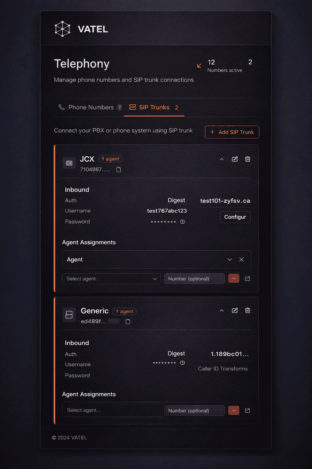 Diagram showing SIP trunk and carrier DID connectivity to phone system and Vatel AI.