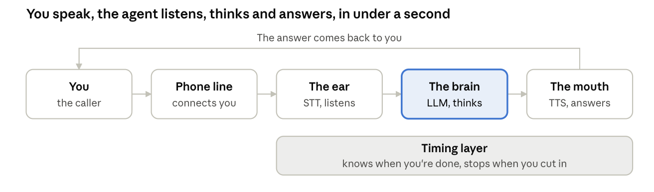 Diagram of the voice AI loop: the ear (speech-to-text) listens, the brain (LLM) thinks and acts on company tools, the mouth (text-to-speech) replies, with a phone line and a timing layer around them.