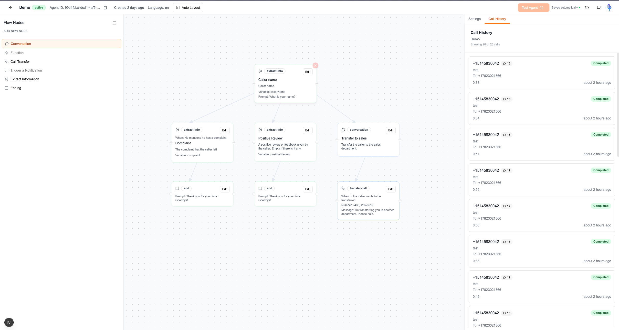 Call Agent Builder Platform Screenshot